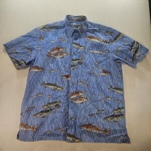 Columbia River Lodge Fish Print Shirt XL Blue Short Sleeve